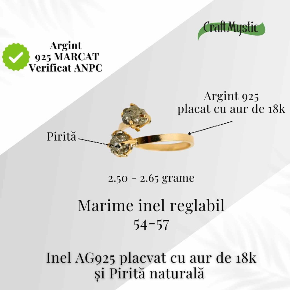 Inel Ajustabil Argint 925 placat cu aur de 18k si Dublu Pirita - Doua pietre, un singur centru interior [4]