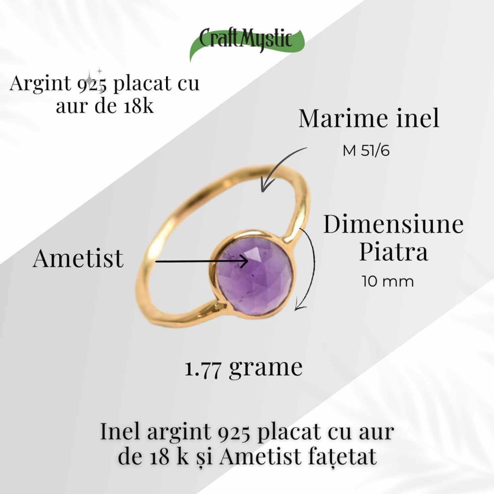 Inel din Argint 925 placat cu Aur de 18K cu Ametist Fatetat 1.58 gr M54 / 7– Claritate mentala si echilibru emotional [2]