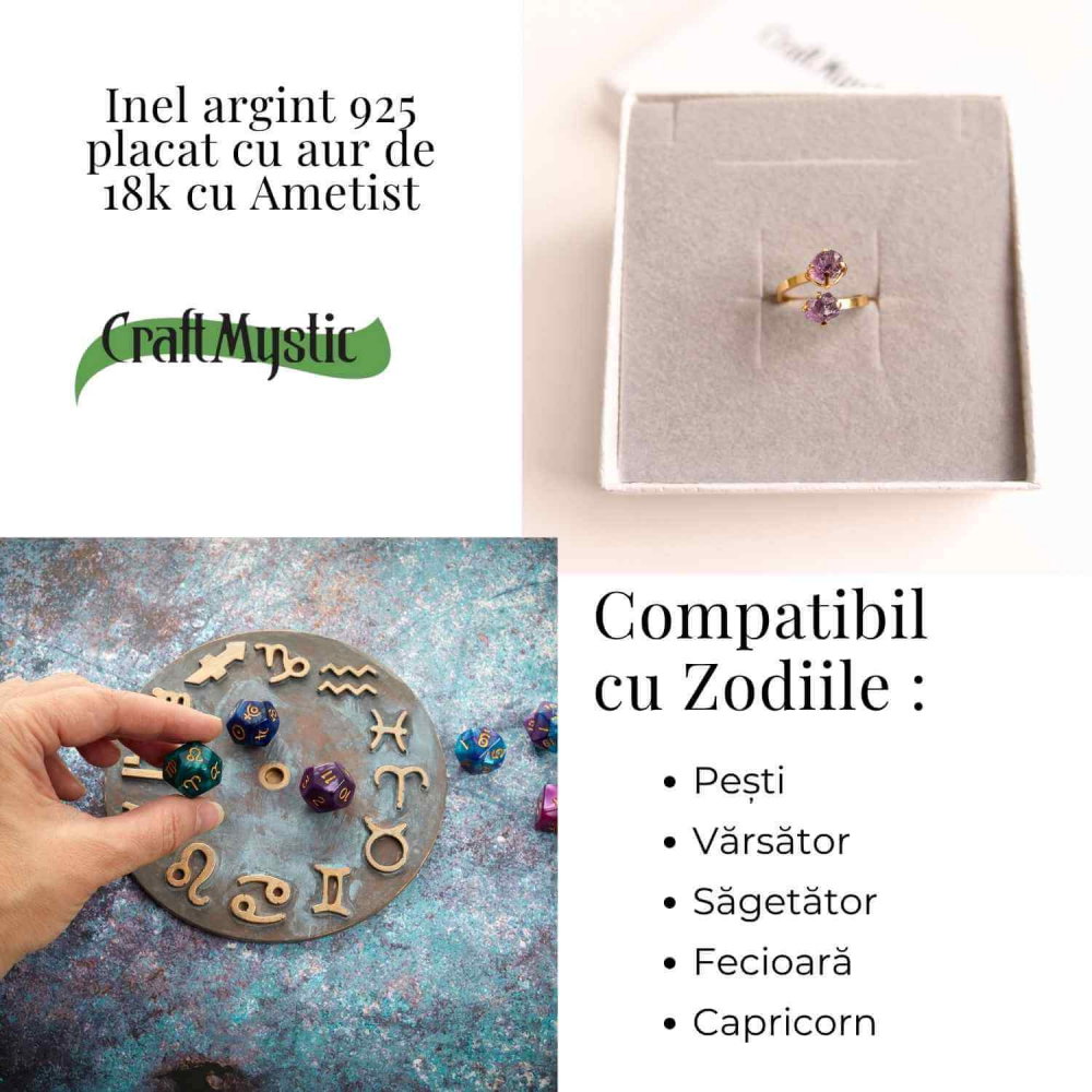 Inel Argint 925 placat cu Aur 18K si Dublu Ametist – Calm si Protectie Energetica [5]