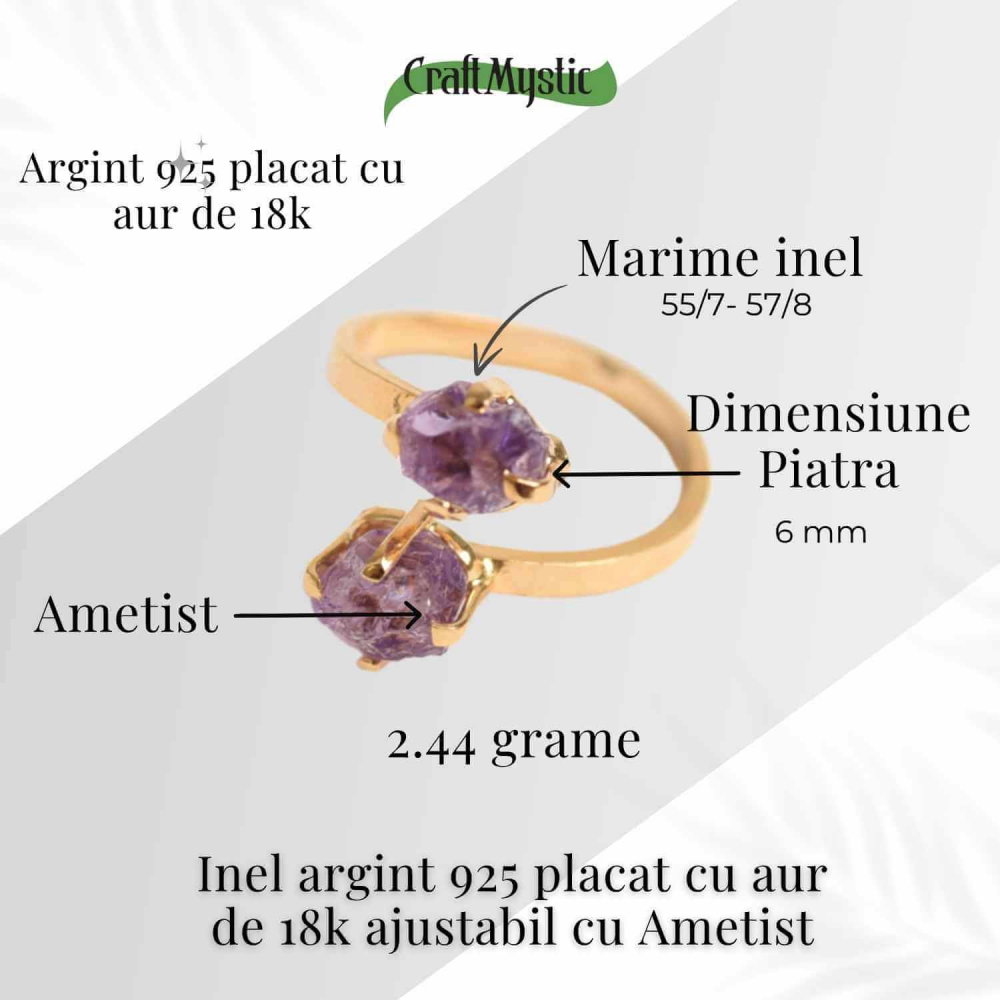 Inel Argint 925 placat cu Aur 18K si Dublu Ametist – Calm si Protectie Energetica [4]