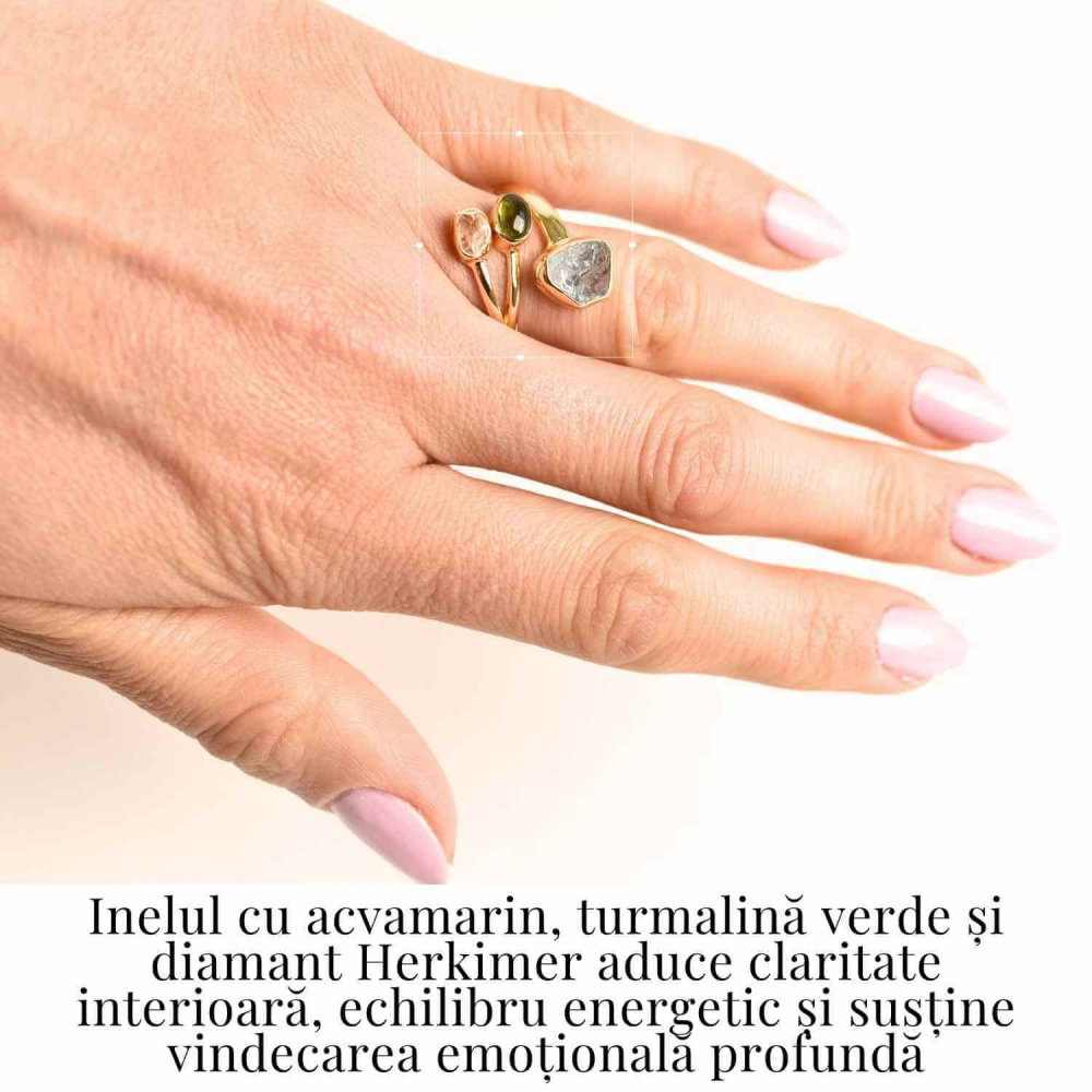Inel din Argint 925 placat cu Aur de 18K cu Acvamarin, Diamant Herkimer si Turmalina Verde 3.92 gr M55 / 7– Claritate, Vitalitate si Protectie Energetica [2]
