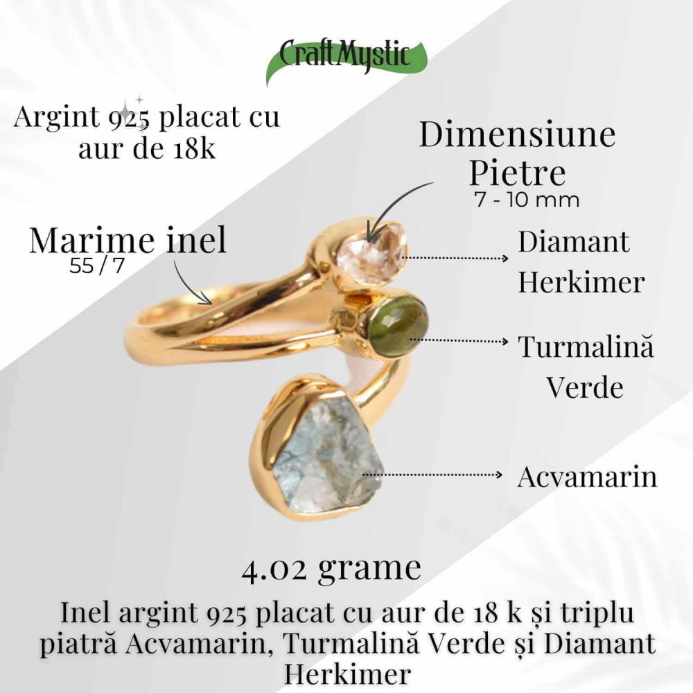 Inel din Argint 925 placat cu Aur de 18K cu Acvamarin, Diamant Herkimer si Turmalina Verde 3.92 gr M55 / 7– Claritate, Vitalitate si Protectie Energetica [5]