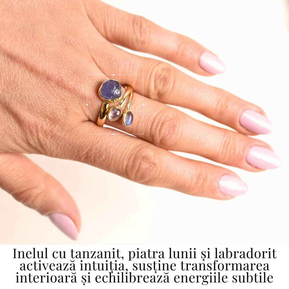 Inel din Argint 925 placat cu Aur de 18K cu Tanzanit, Piatra Lunii si Labradorit 4.02gr M59 / 9– Intuitie, Transformare si Lumina Interioara [2]