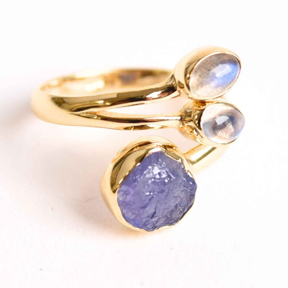 Inel din Argint 925 placat cu Aur de 18K cu Tanzanit, Piatra Lunii si Labradorit 4.02gr M59 / 9– Intuitie, Transformare si Lumina Interioara [1]