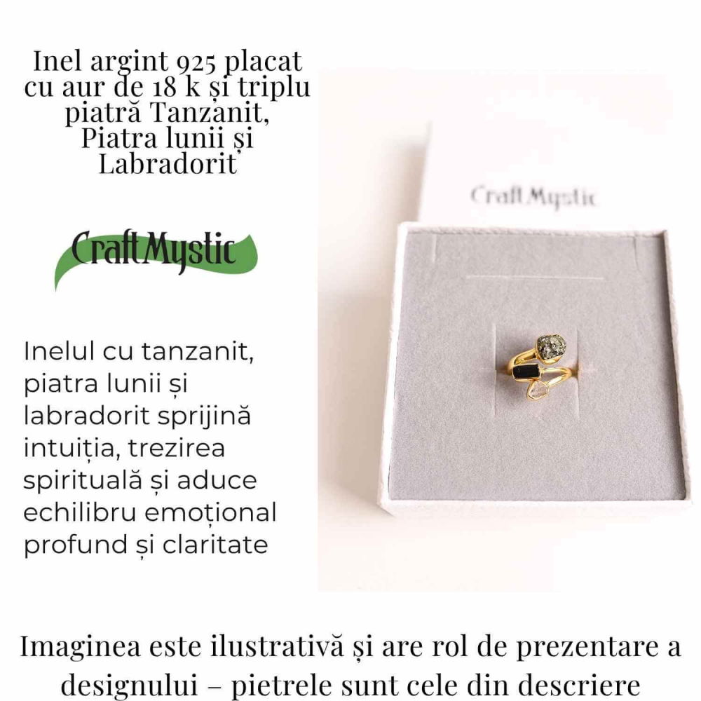Inel din Argint 925 placat cu Aur de 18K cu Tanzanit, Piatra Lunii si Labradorit 4.02gr M59 / 9– Intuitie, Transformare si Lumina Interioara [3]