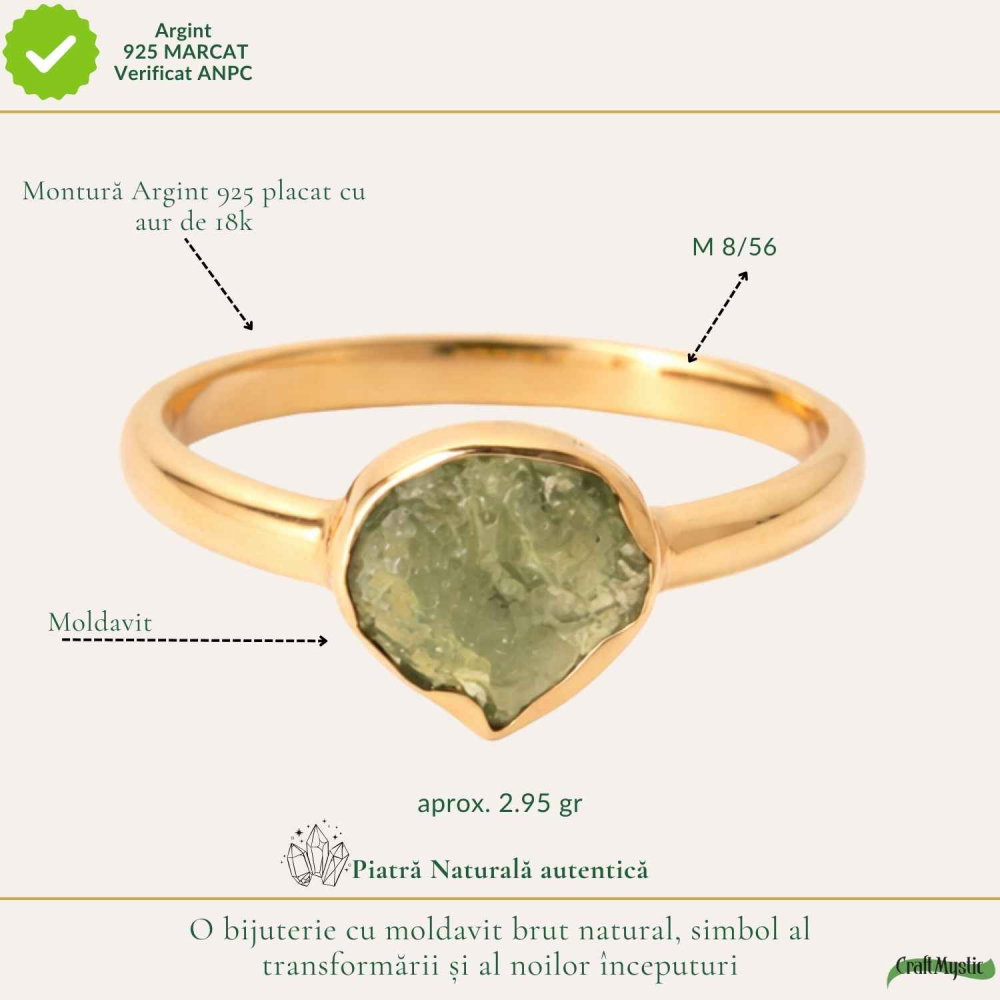 Inel Argint 925 Placat cu Aur 18K cu Moldavit Natural M8/56 – Energie si Transformare Spirituala [4]