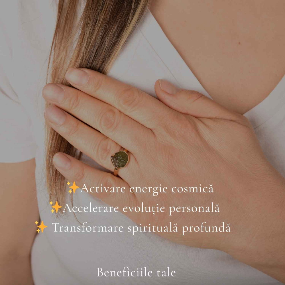 Inel Argint 925 Placat cu Aur 18K cu Moldavit Natural M8/56 – Energie si Transformare Spirituala [3]