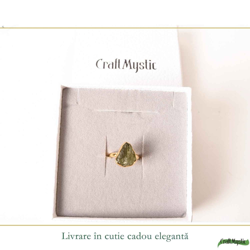 Inel cu Piatra Moldavit Verde, Argint 925 Placat Aur 18K, M7/54 -  Echilibru si Evolutie [6]