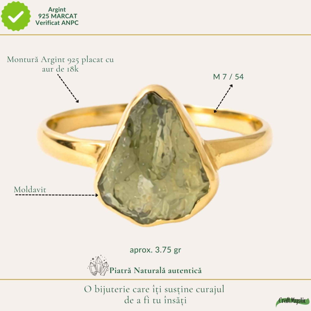 Inel cu Piatra Moldavit Verde, Argint 925 Placat Aur 18K, M7/54 -  Echilibru si Evolutie [4]