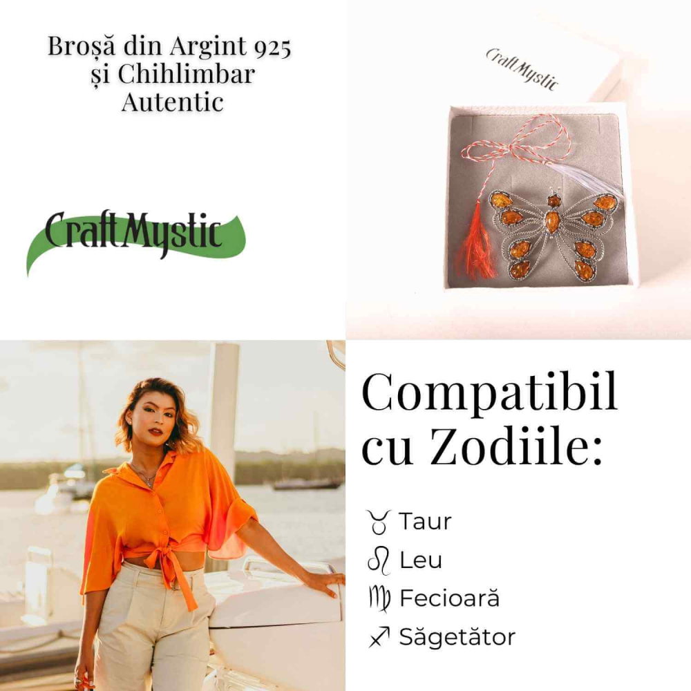 Brosa din chihlimbar forma de fluture si argint 925 — adauga caldura si rafinament tinutei tale [5]