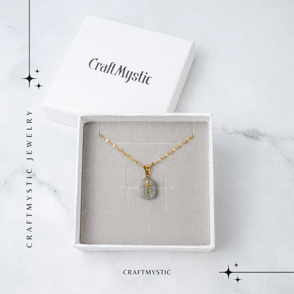 Colier Otel Inoxidabil Auriu cu Labradorit si Cruce – Protectie Divina si Lumina Interioara [7]