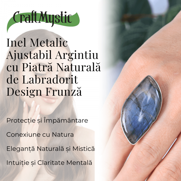 Inel argintiu ajustabil cu Labradorit design frunza, pentru protectie si intuitie [4]
