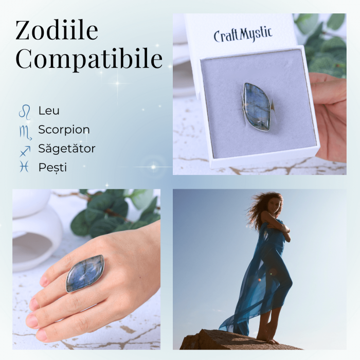 Inel argintiu ajustabil cu Labradorit design frunza, pentru protectie si intuitie [6]