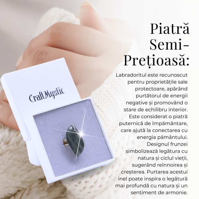 Inel auriu ajustabil cu Labradorit design frunza, pentru protectie si intuitie [7]