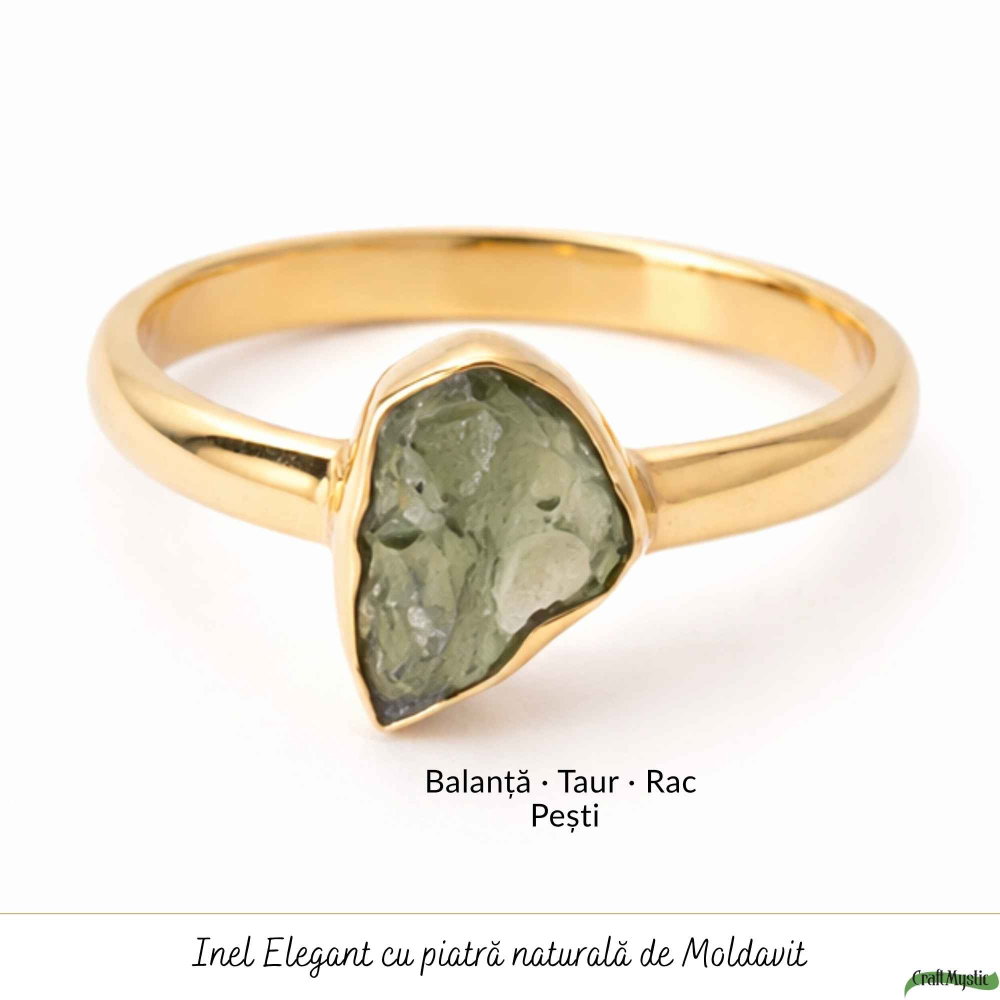 Inel Elegant cu Moldavit Brut – Argint 925 Placat cu Aur 18K, M8/56 - Transformare si Protectie [5]