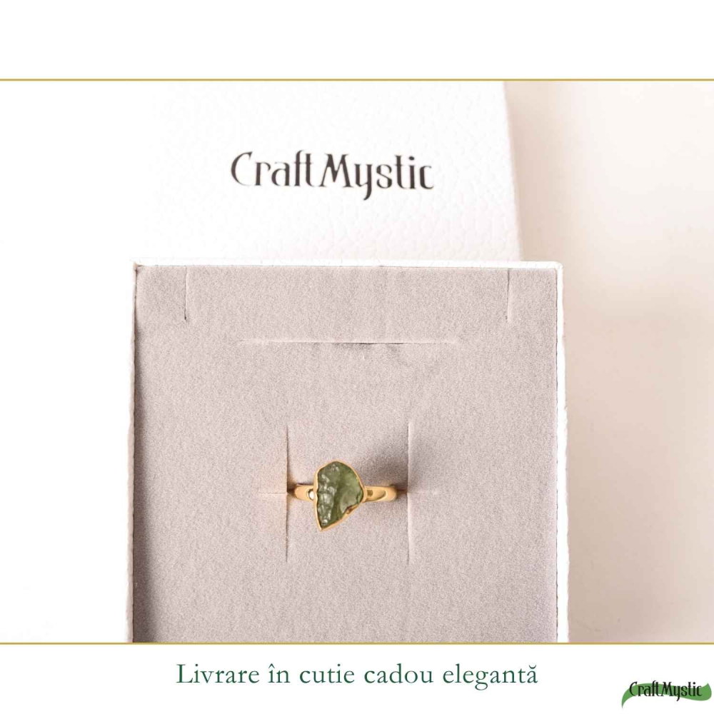 Inel Elegant cu Moldavit Brut – Argint 925 Placat cu Aur 18K, M8/56 - Transformare si Protectie [6]