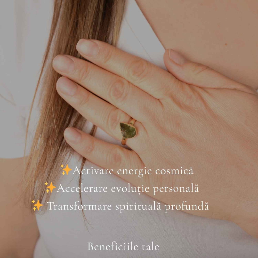 Inel Elegant cu Moldavit Brut – Argint 925 Placat cu Aur 18K, M8/56 - Transformare si Protectie [3]