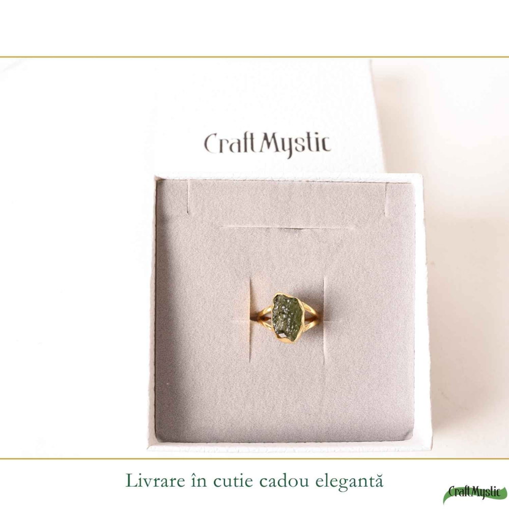 Inel cu Moldavit Verde Brut – Argint 925 Placat Aur 18K, M8.5/58 -  Energie Universala si Echilibru [6]