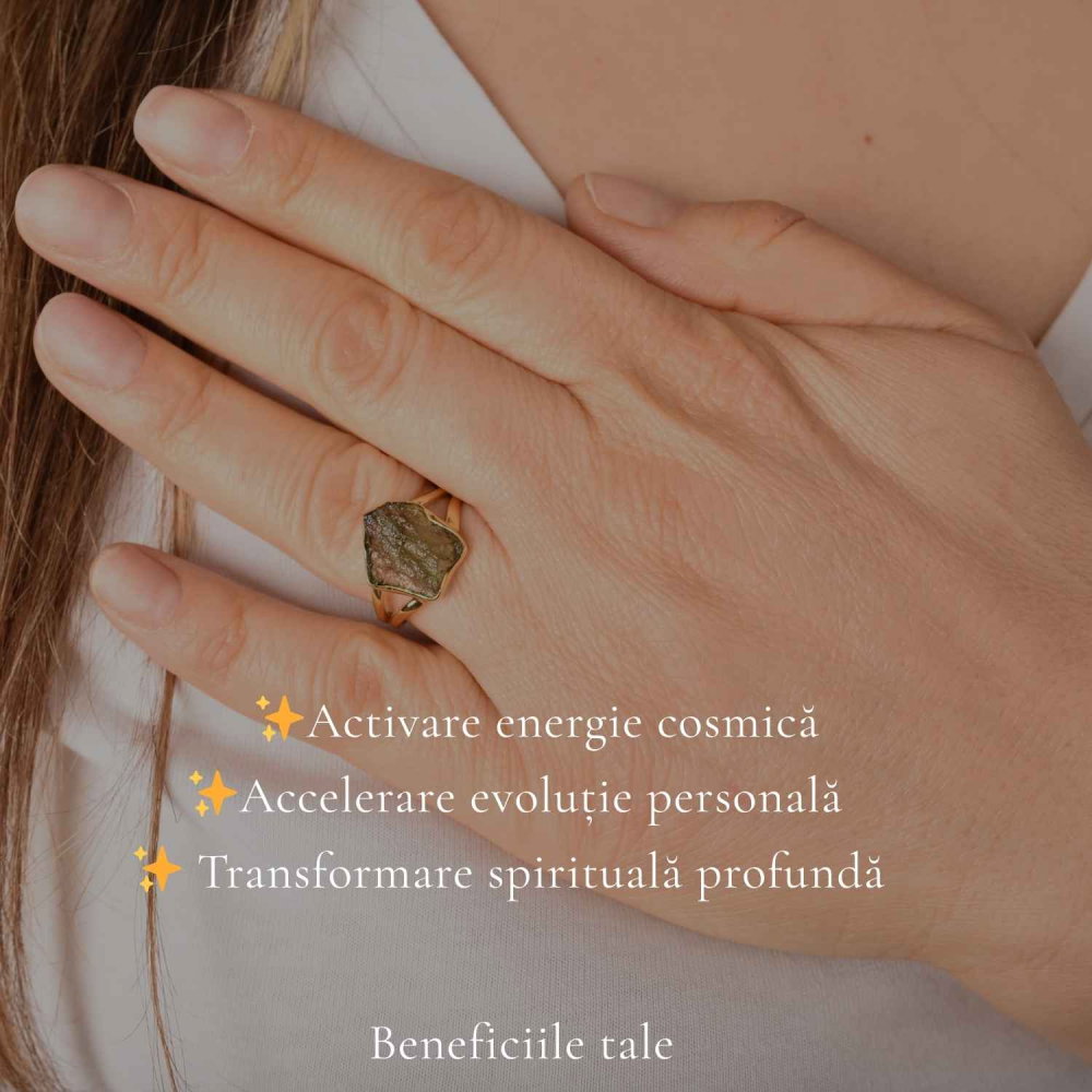 Inel cu Moldavit Natural si Argint 925 Placat cu Aur 18K, M8.5/58- Trezire Spirituala [3]