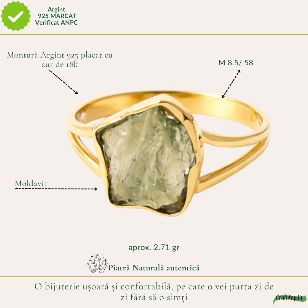 Inel cu Moldavit Natural si Argint 925 Placat cu Aur 18K, M8.5/58- Trezire Spirituala [4]