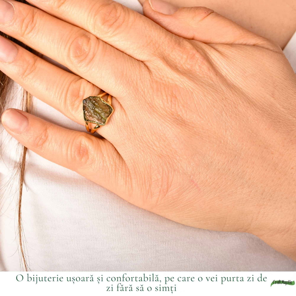 Inel cu Moldavit Natural si Argint 925 Placat cu Aur 18K, M8.5/58- Trezire Spirituala [2]