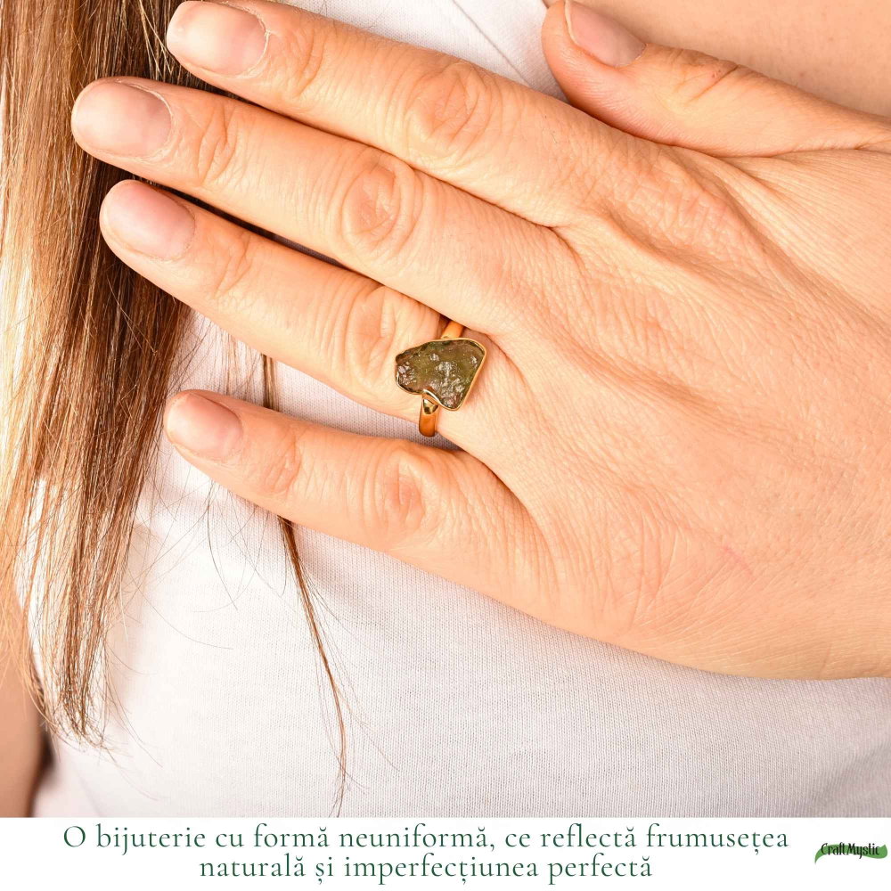 Inel moldavit brut natural si argint 925 placat cu aur de 18k, M7.5/56 – energie autentica si transformare profunda [2]