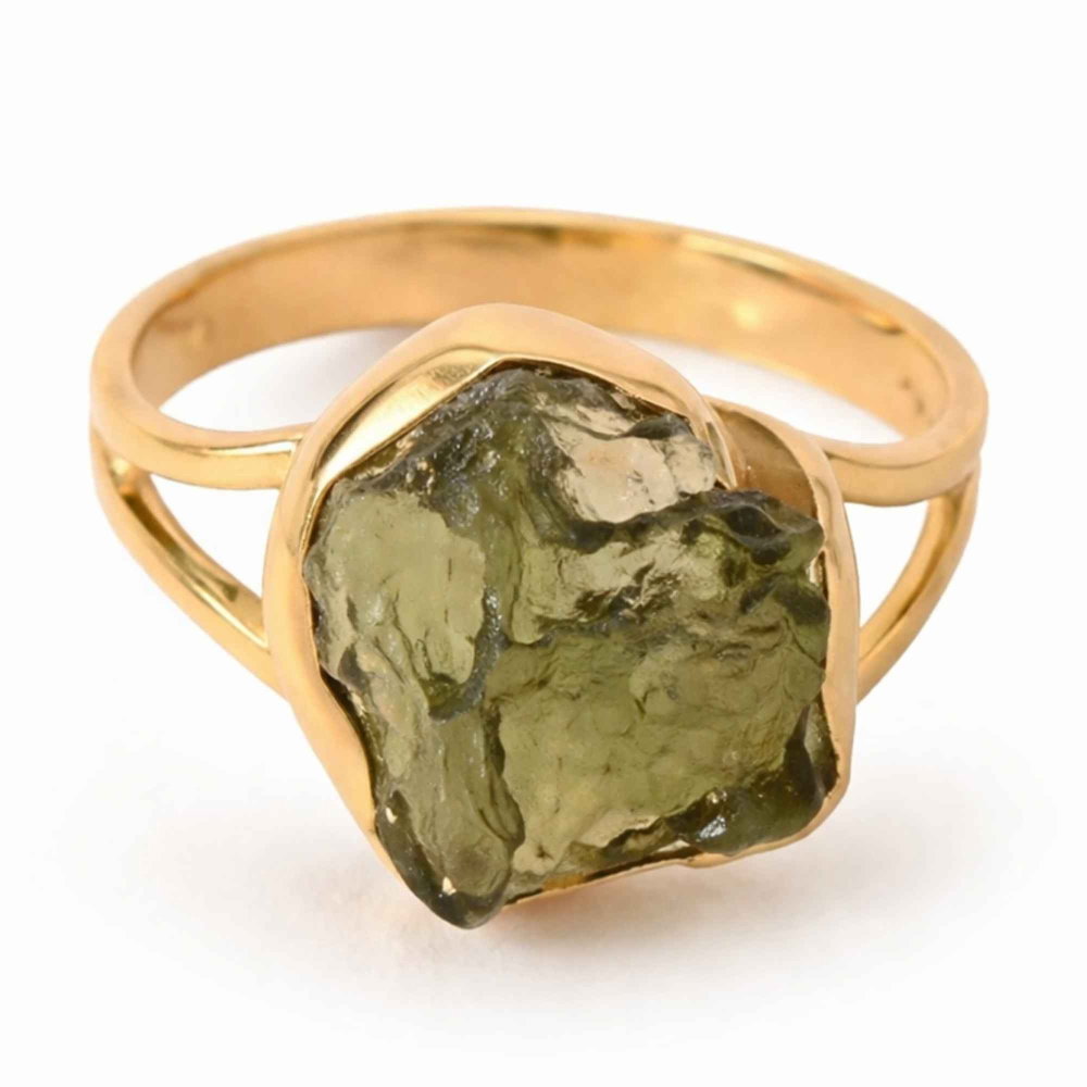 Inel elegant cu Moldavit Brut – Argint 925 Placat Aur 18K, M9.5/61- Protectie si Crestere Interioara [1]