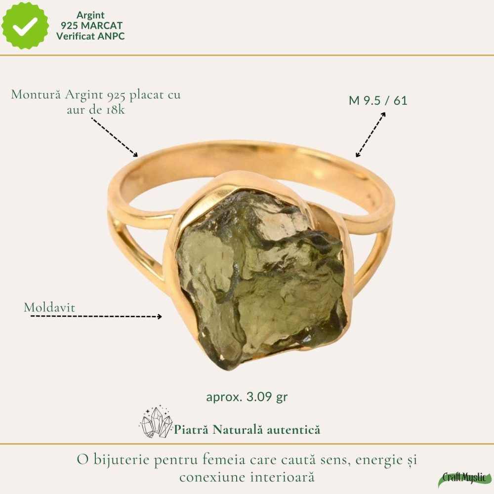 Inel elegant cu Moldavit Brut – Argint 925 Placat Aur 18K, M9.5/61- Protectie si Crestere Interioara [4]