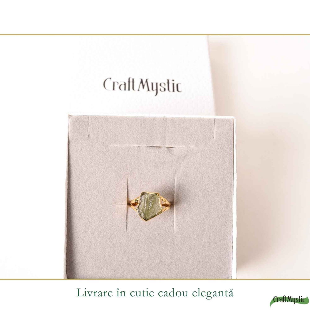 Inel cu Moldavit Natural si Argint 925 Placat cu Aur 18K, M8.5/58- Trezire Spirituala [6]