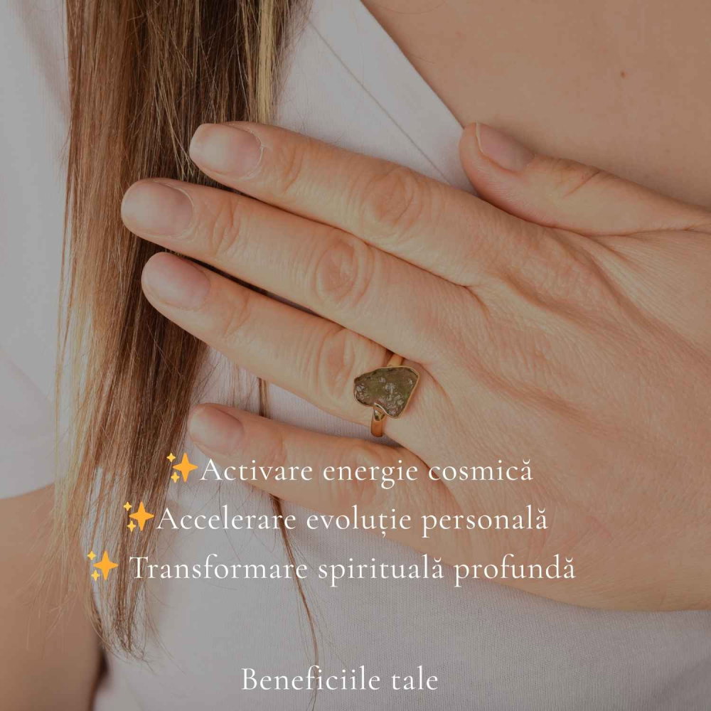 Inel moldavit brut natural si argint 925 placat cu aur de 18k, M7.5/56 – energie autentica si transformare profunda [3]