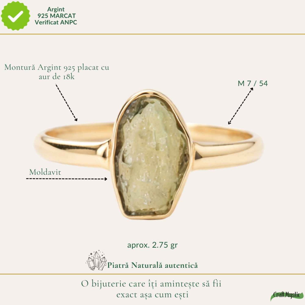 Inel argint 925 placat cu aur de 18k si moldavit natural brut, M7/54 – transformare profunda si energie autentica [4]