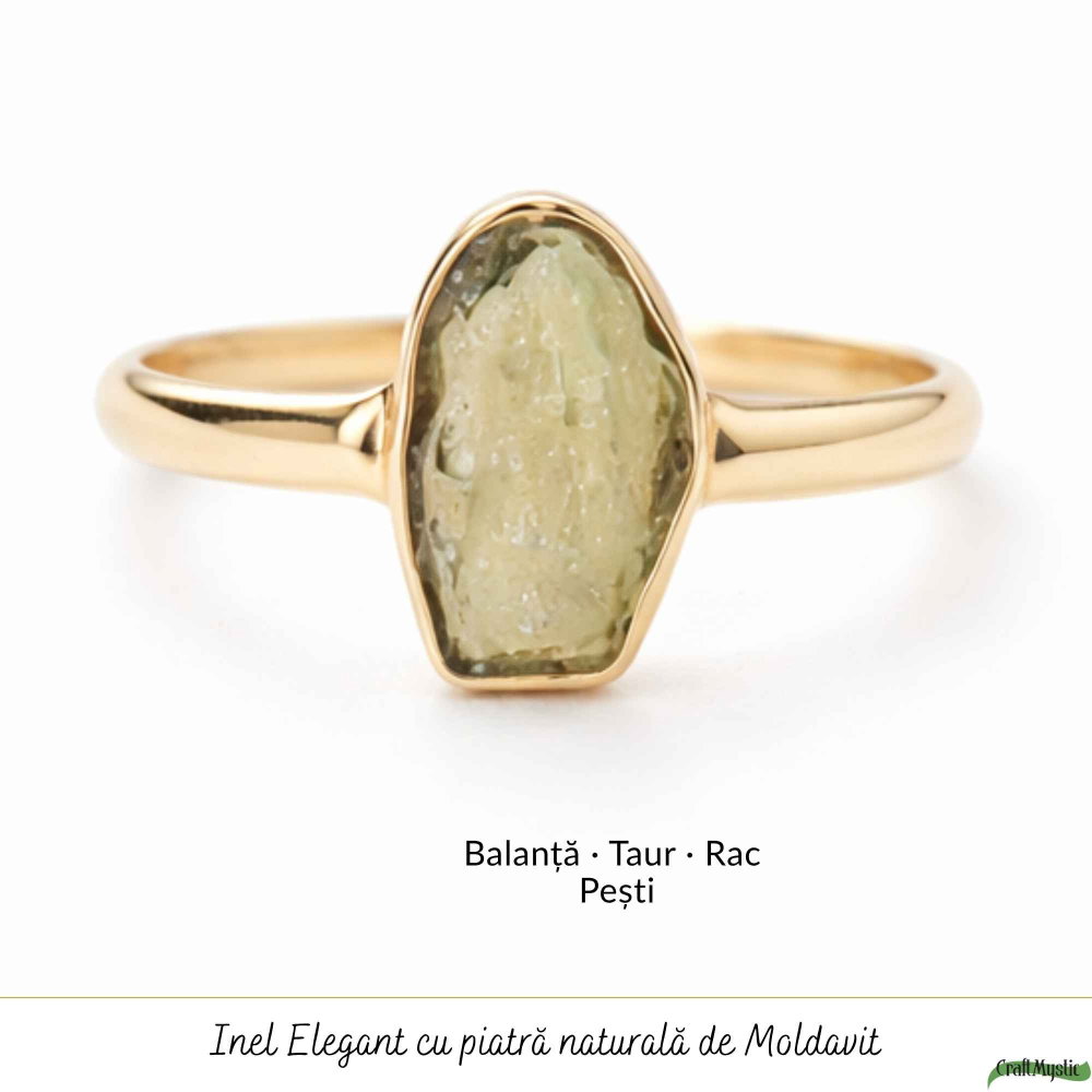 Inel argint 925 placat cu aur de 18k si moldavit natural brut, M7/54 – transformare profunda si energie autentica [5]