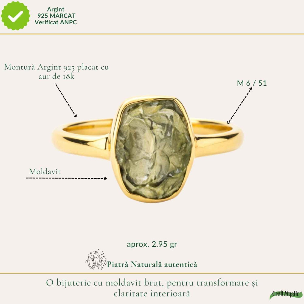 Inel moldavit brut si argint placat cu aur d e18k, M6/51 – transformare si energie autentica [4]