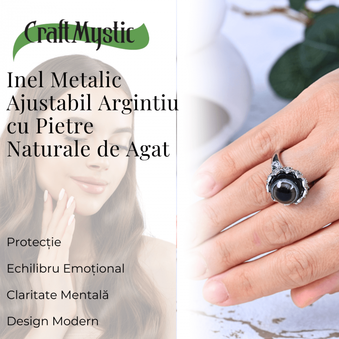 Inel argintiu ajustabil cu Agat natural, pentru echilibru si claritate [4]