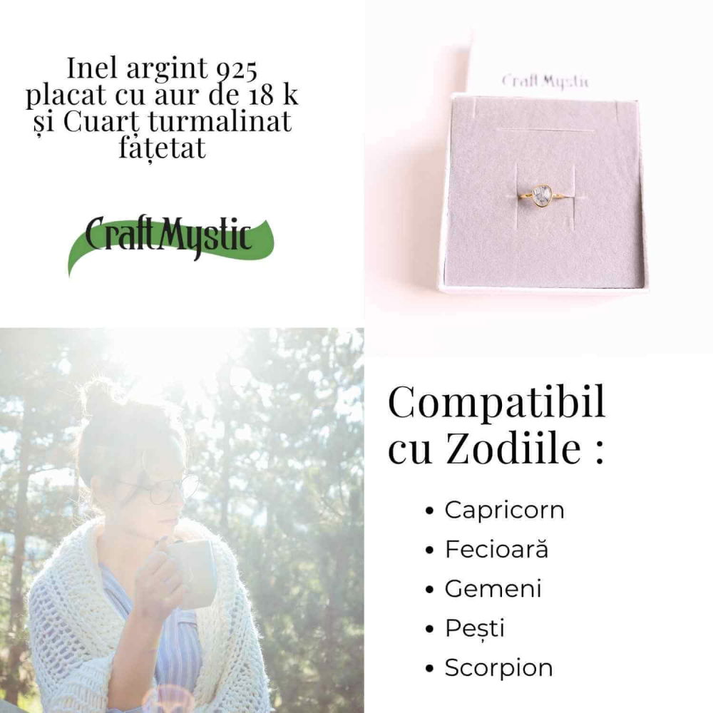 Inel cu Cuart Turmalinat Fatetat din Argint 925 placat cu Aur de 18K – Protectie Energetica si Claritate Interioara [4]