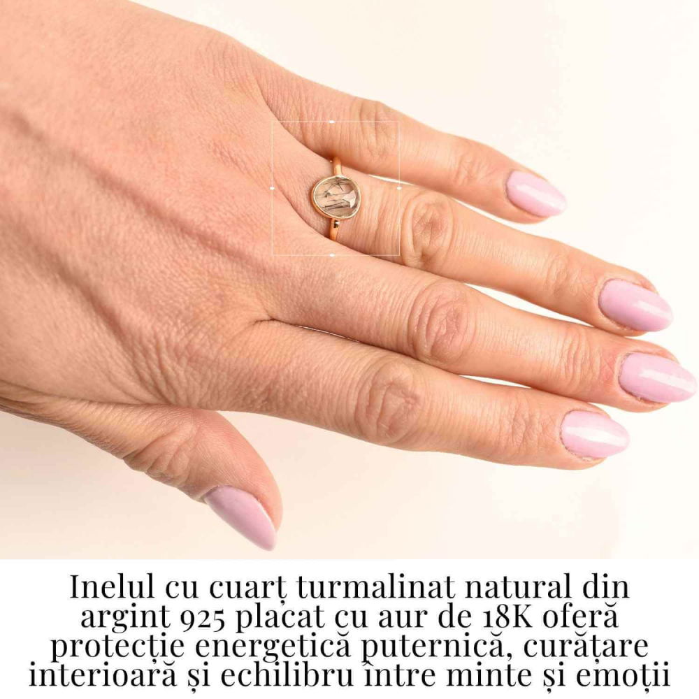 Inel cu Cuart Turmalinat Fatetat din Argint 925 placat cu Aur de 18K – Protectie Energetica si Claritate Interioara [3]