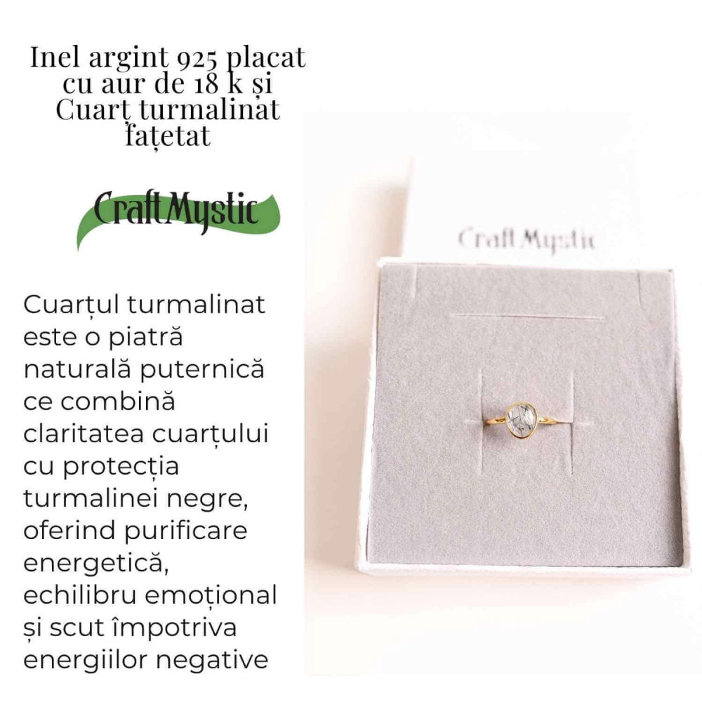 Inel cu Cuart Turmalinat Fatetat din Argint 925 placat cu Aur de 18K – Protectie Energetica si Claritate Interioara [5]