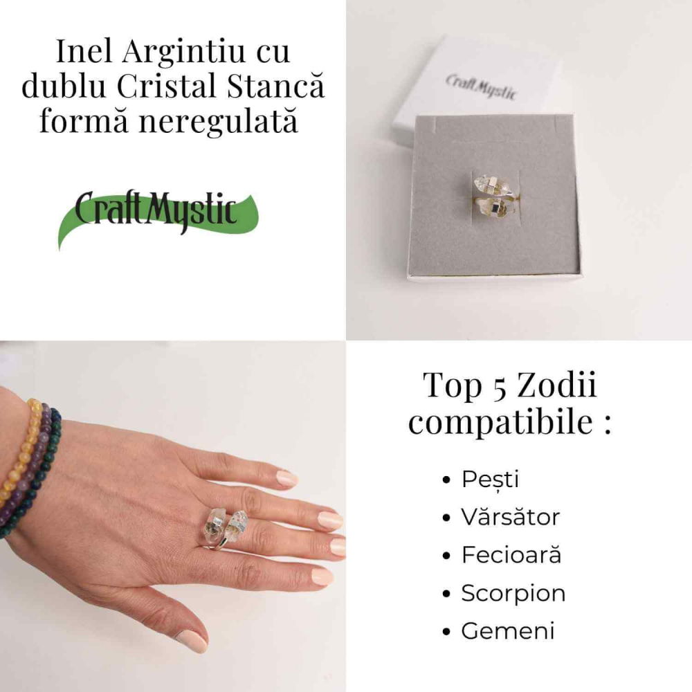 Inel Reglabil Argintiu cu Dublu Cristal Stanca - Claritate si Armonie [5]