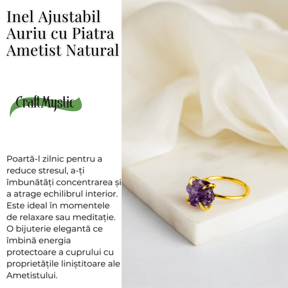Inel reglabil auriu cu Ametist Brut pentru protectie si claritate [3]