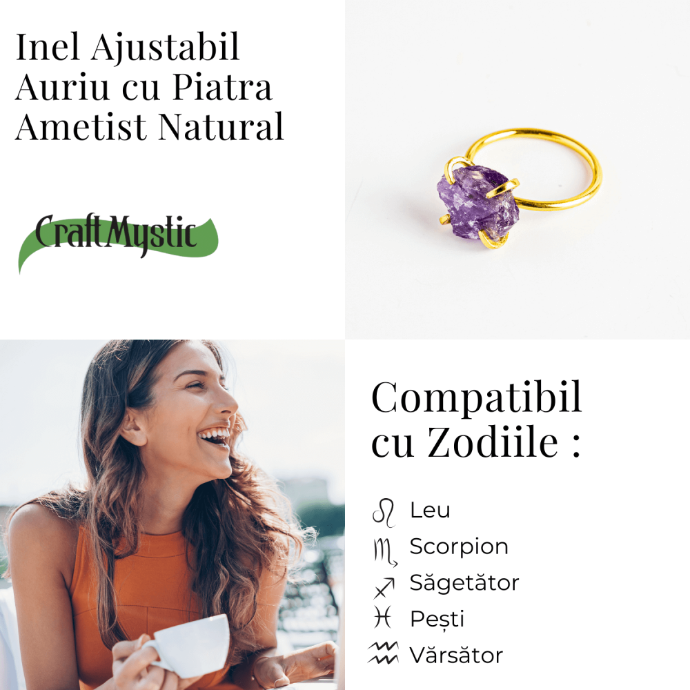 Inel reglabil auriu cu Ametist Brut pentru protectie si claritate [5]