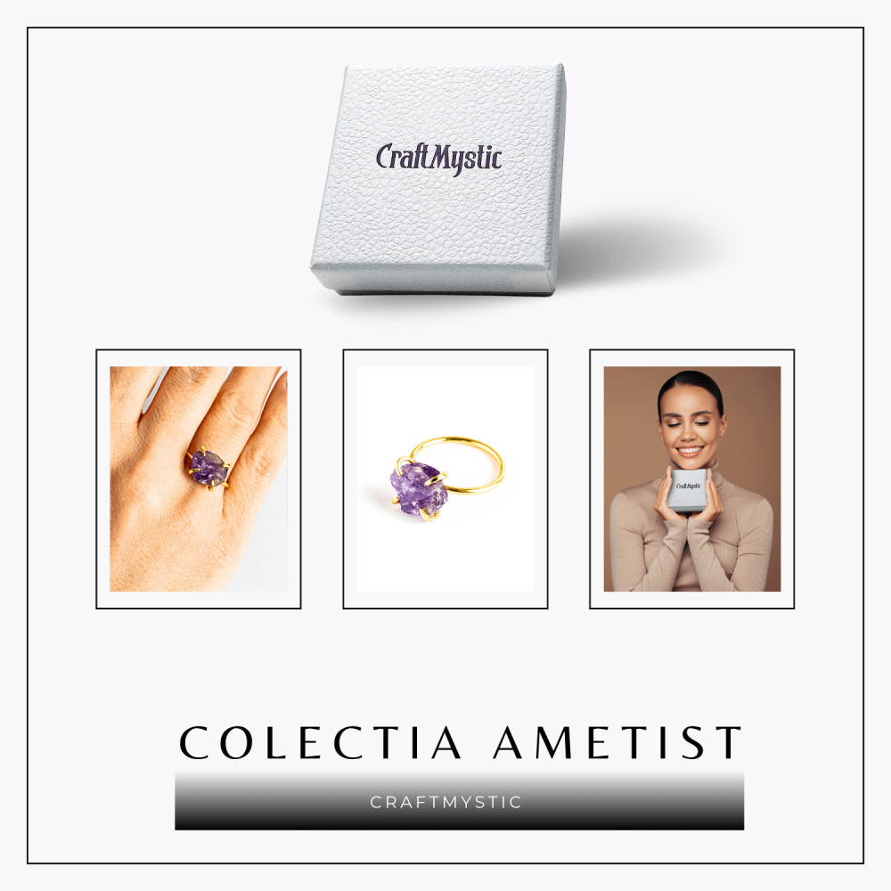 Inel reglabil auriu cu Ametist Brut pentru protectie si claritate [7]