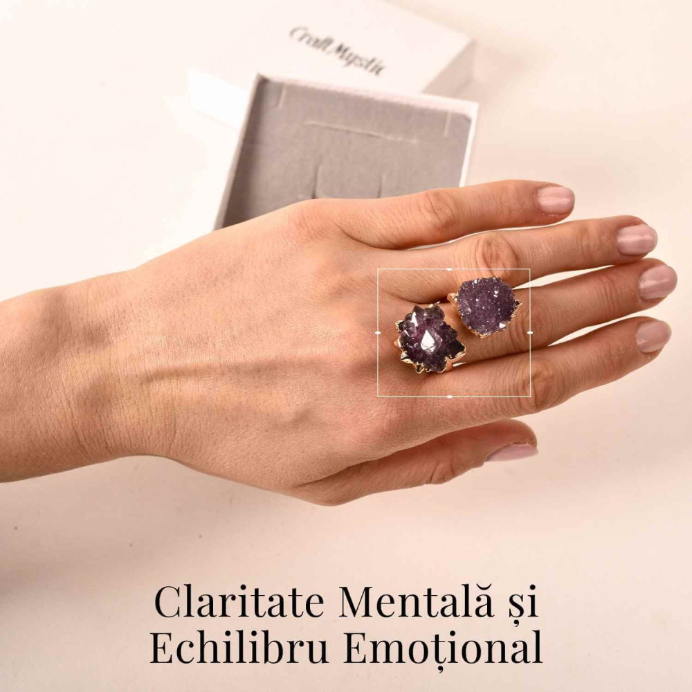 Inel usor Reglabil Auriu cu Dublu Ametist Natural Brut – Claritate Mentals si Echilibru Emotional [2]