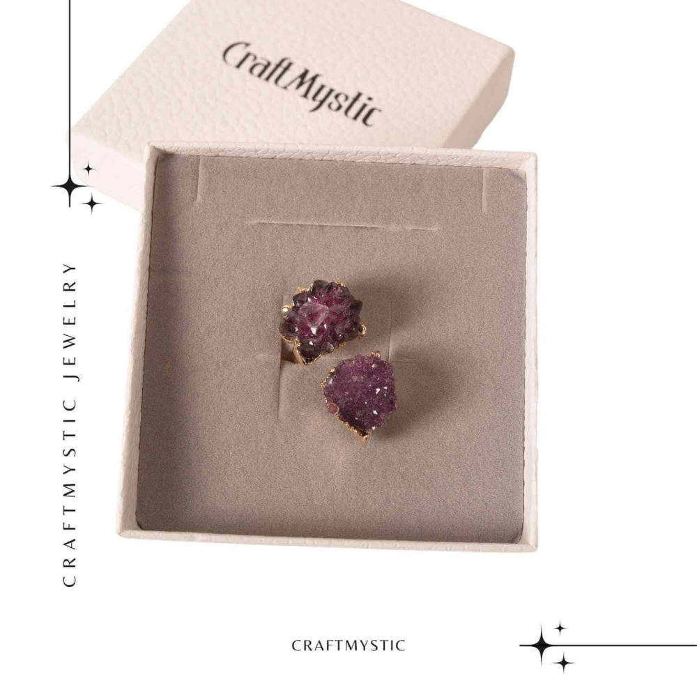 Inel usor Reglabil Auriu cu Dublu Ametist Natural Brut – Claritate Mentals si Echilibru Emotional [6]