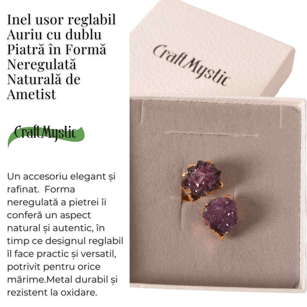 Inel usor Reglabil Auriu cu Dublu Ametist Natural Brut – Claritate Mentals si Echilibru Emotional [3]