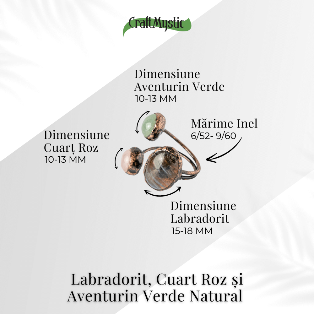 Inel reglabil din cupru cu Labradorit, Cuart Roz si Aventurin Verde natural – Armonie, iubire si prosperitate [4]