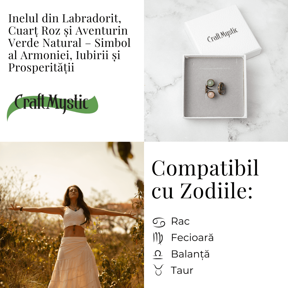 Inel reglabil din cupru cu Labradorit, Cuart Roz si Aventurin Verde natural – Armonie, iubire si prosperitate [5]