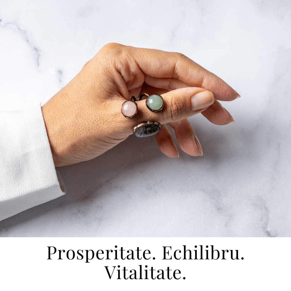 Inel reglabil din cupru cu Labradorit, Cuart Roz si Aventurin Verde natural – Armonie, iubire si prosperitate [2]
