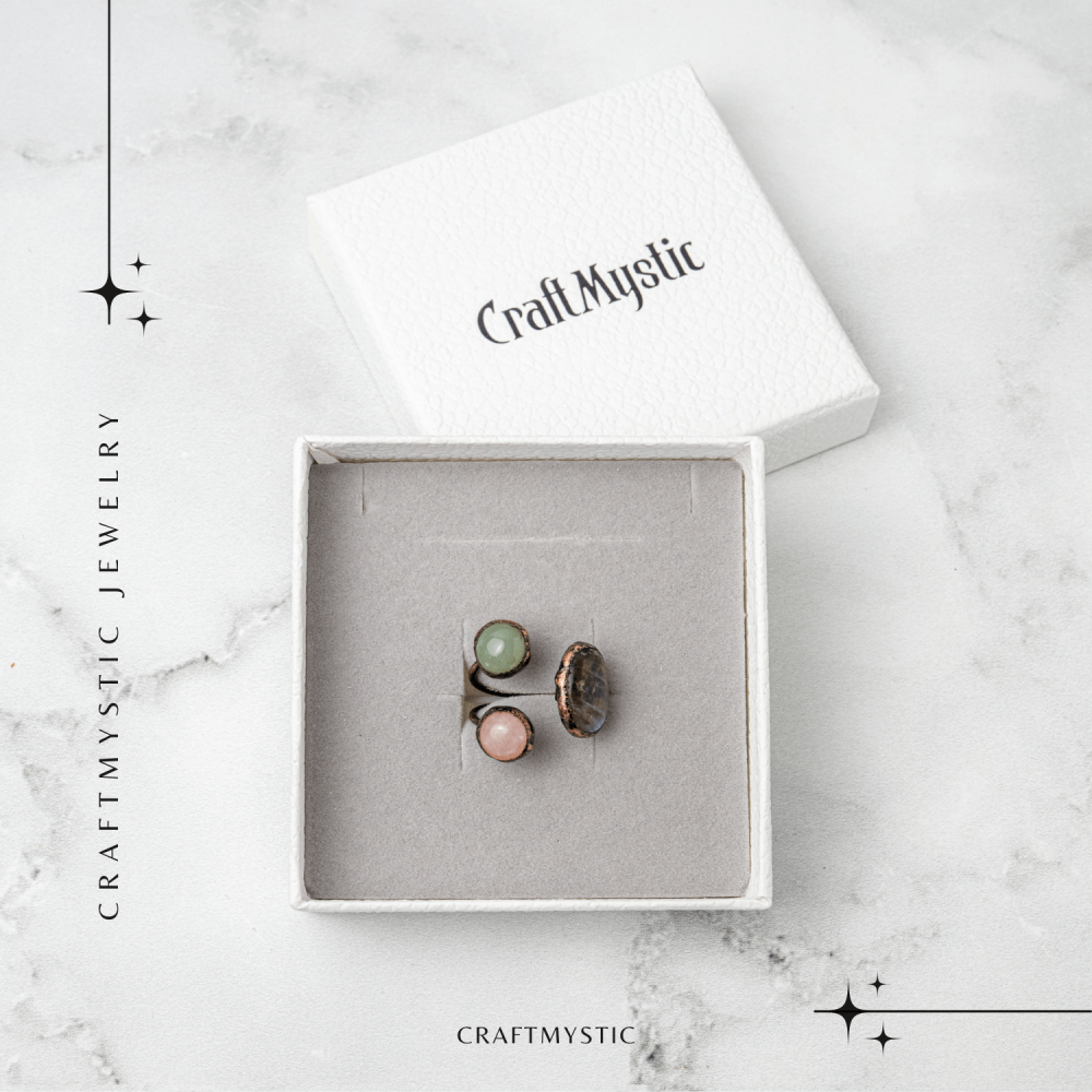 Inel reglabil din cupru cu Labradorit, Cuart Roz si Aventurin Verde natural – Armonie, iubire si prosperitate [7]