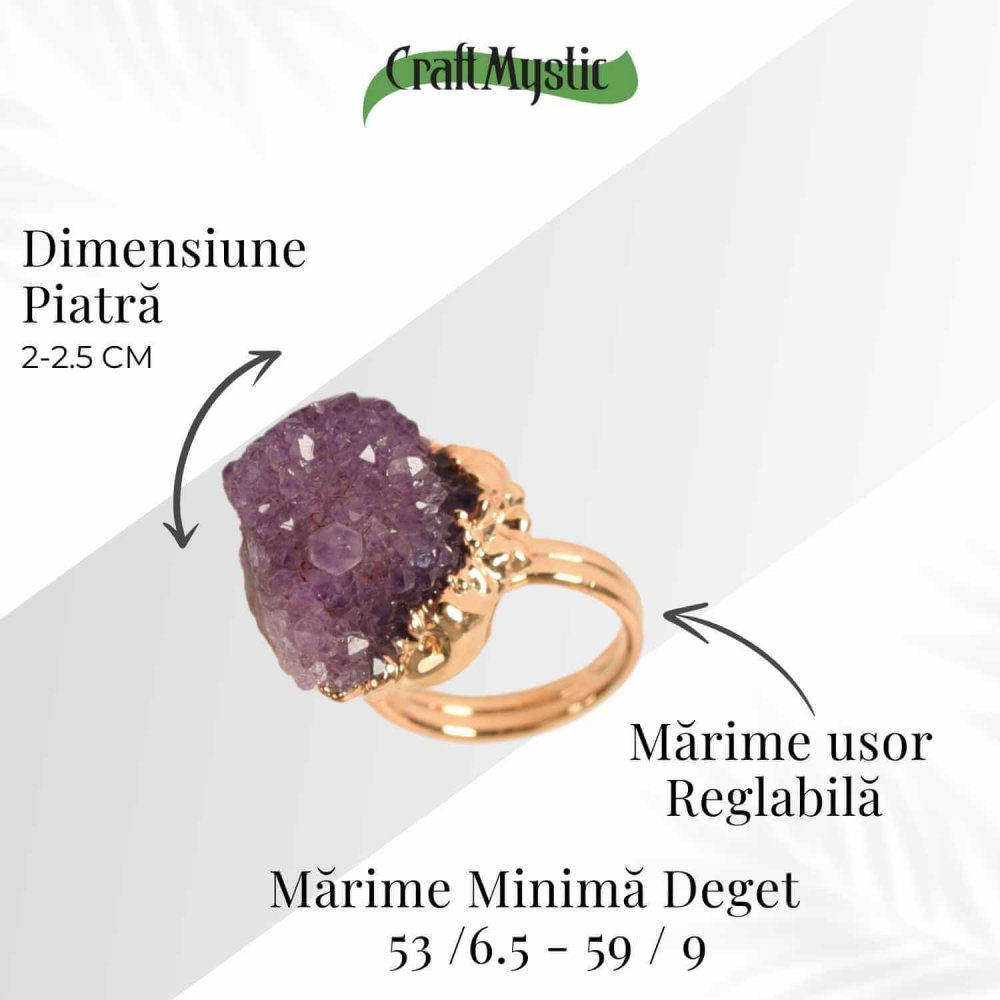 Inel usor Reglabil Auriu cu Ametist Natural Brut – Claritate Mentala si Protectie Energetica [4]