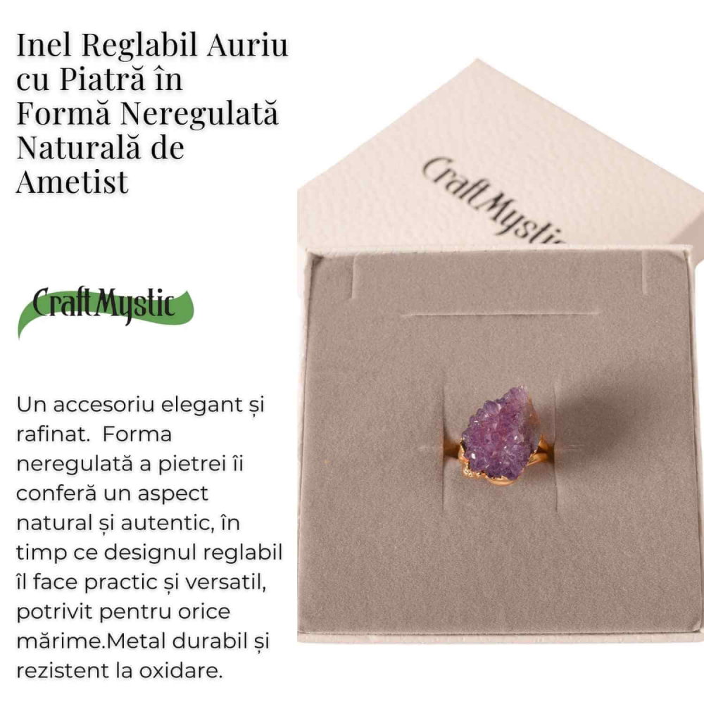 Inel usor Reglabil Auriu cu Ametist Natural Brut – Claritate Mentala si Protectie Energetica [3]